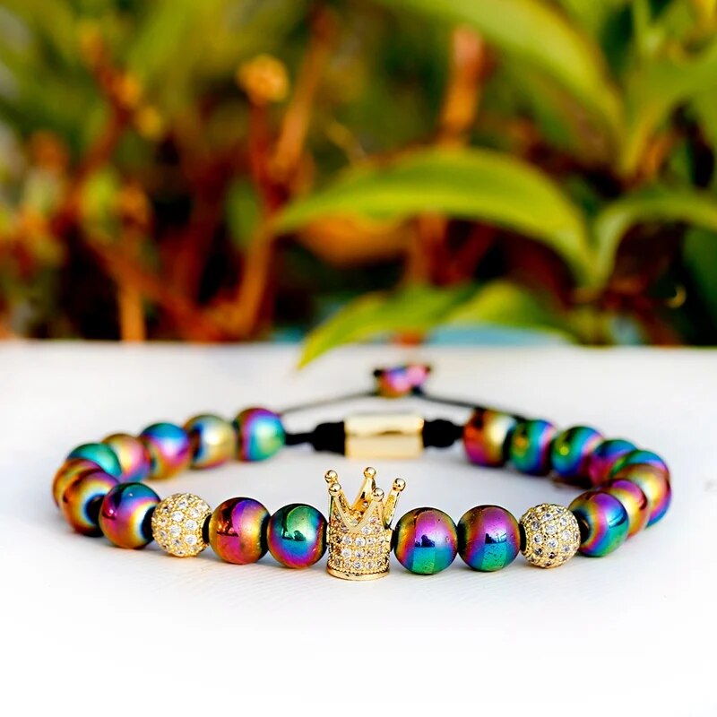 Luxury Colorful Hematite Crown Copper Bracelet Men Fashion Handmade White Zircon Beads Bracelet For Women Dropshipping