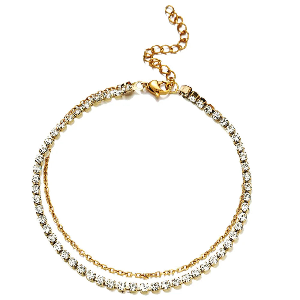 Stainless Steel Rhinestone Crystal Foot Chain Tennis Anklet For Women Summer Yoga Leg Chain Anklets Beach Foot Jewelry