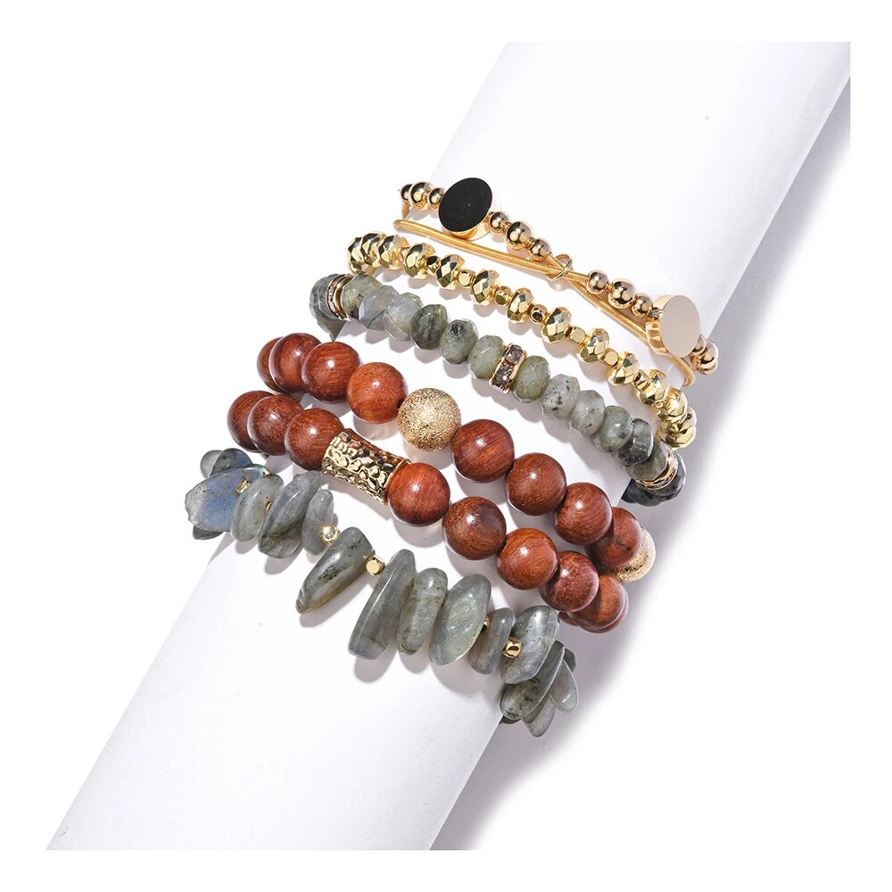 BOJIU 2021 Fashion Natural Stone Bracelets Set For Women New Statement Jewelry Agates Crystal Wood Beads Bracelet Femme BCSET317