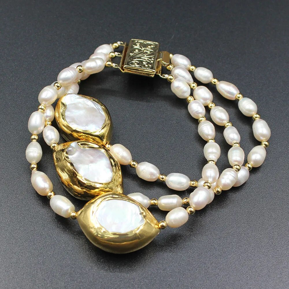 3 Strands Rice Freshwater Pearl White Pearl Bracelet Handmade Classic Wedding For Women