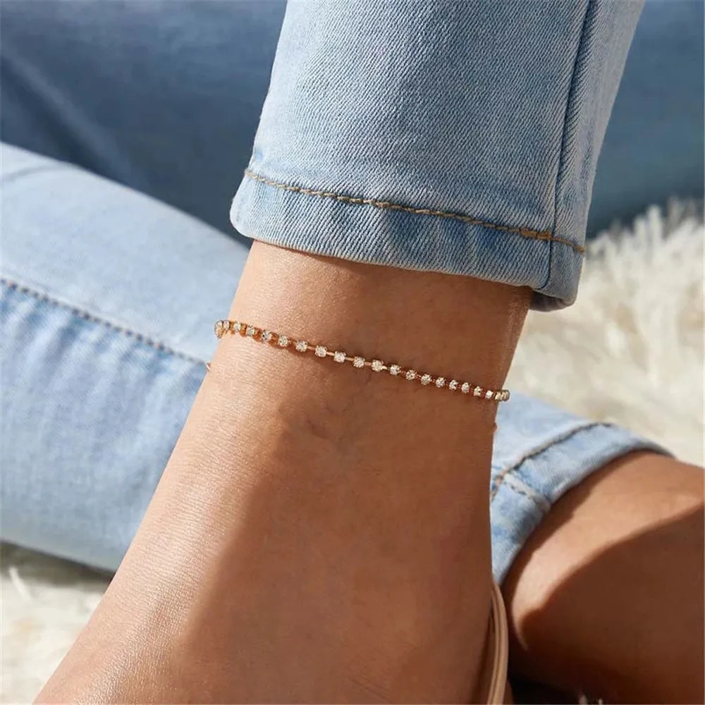 Stainless Steel Rhinestone Crystal Foot Chain Tennis Anklet For Women Summer Yoga Leg Chain Anklets Beach Foot Jewelry
