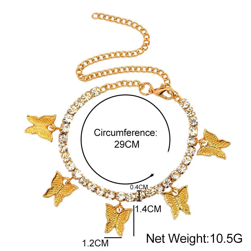 INS Fashion Butterfly anklet Rhinestone Tennis Chain Foot Chain Jewelry for Women Summer Beach Anklet Butterfly Barefoot Chain