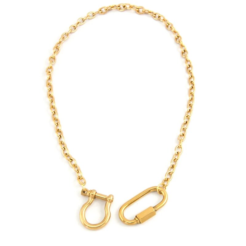 Hiphop rock necklace for Women Men Stainless steel Heavy Cable chain shackle carabiner snap hook pendant U clasp Fashion choker