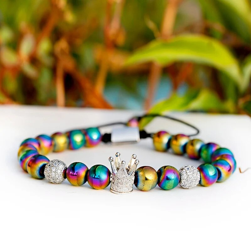 Luxury Colorful Hematite Crown Copper Bracelet Men Fashion Handmade White Zircon Beads Bracelet For Women Dropshipping