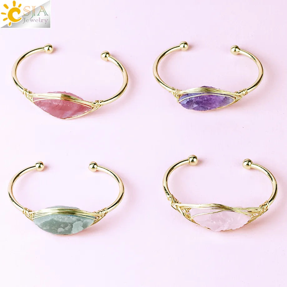 CSJA Gem Stone Open Cuffs Bracelets Crystals Natural Stones Bangles Gold Color Wire Wrap Bracelet for Friend Bijoux Femme G866