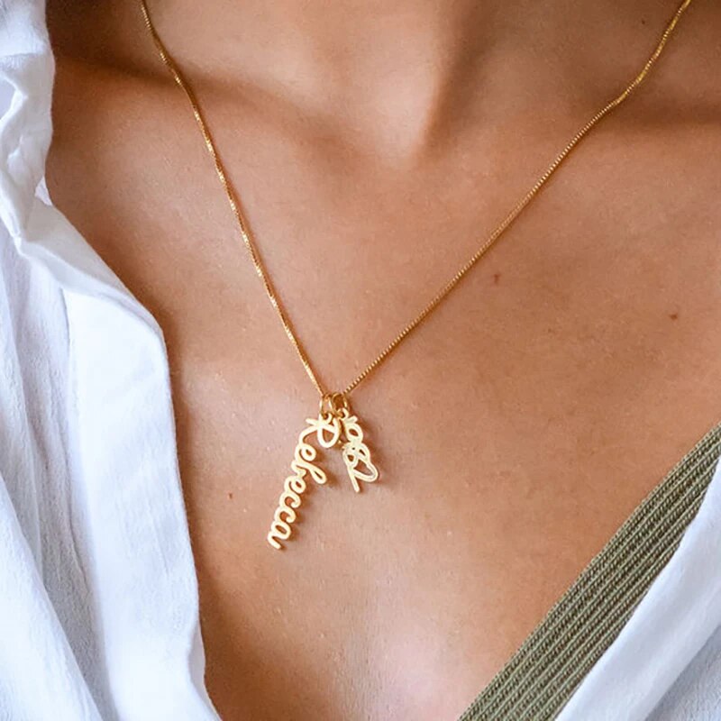Personalized Custom Necklace Women Men Vertical Name with Year Number Necklace in Cursive Gold Stainless Steel Box Chain Jewelry