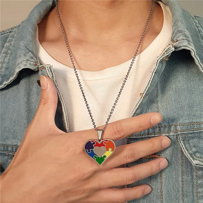Modyle New Fashion Silver Color Stainless Steel Heart Pendant Necklace Rainbow Gay Lesbian LGBT Pride Wedding Jewelry