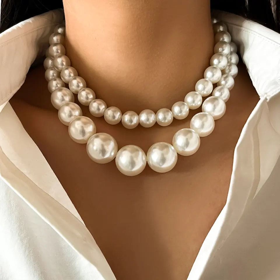 2 Piece Pearl Beaded Collar Chocker Necklace