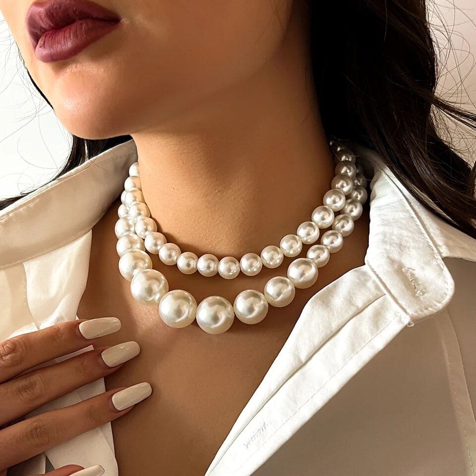 2 Piece Pearl Beaded Collar Chocker Necklace