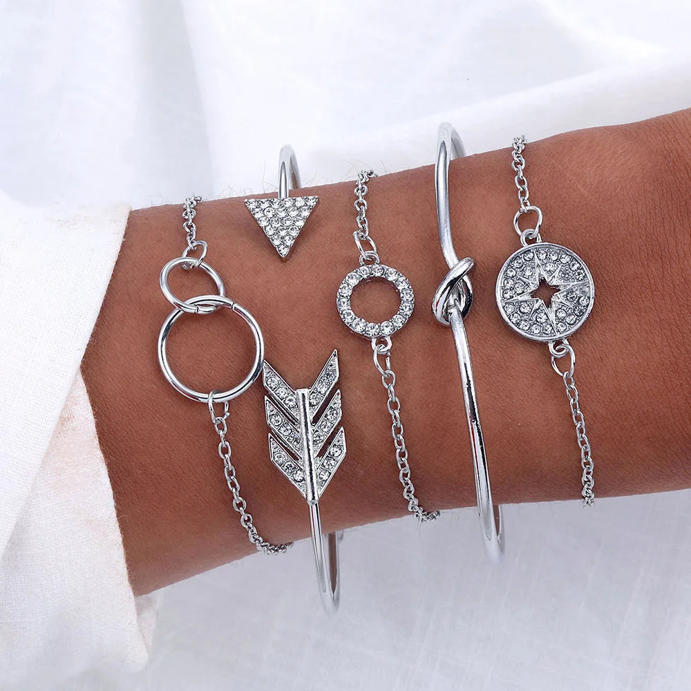 FNIO Trendy Geometric Bangle Bracelet Set For Women Gold Color Leaves Heart Arrow Open Cuff Bracelets Jewelry