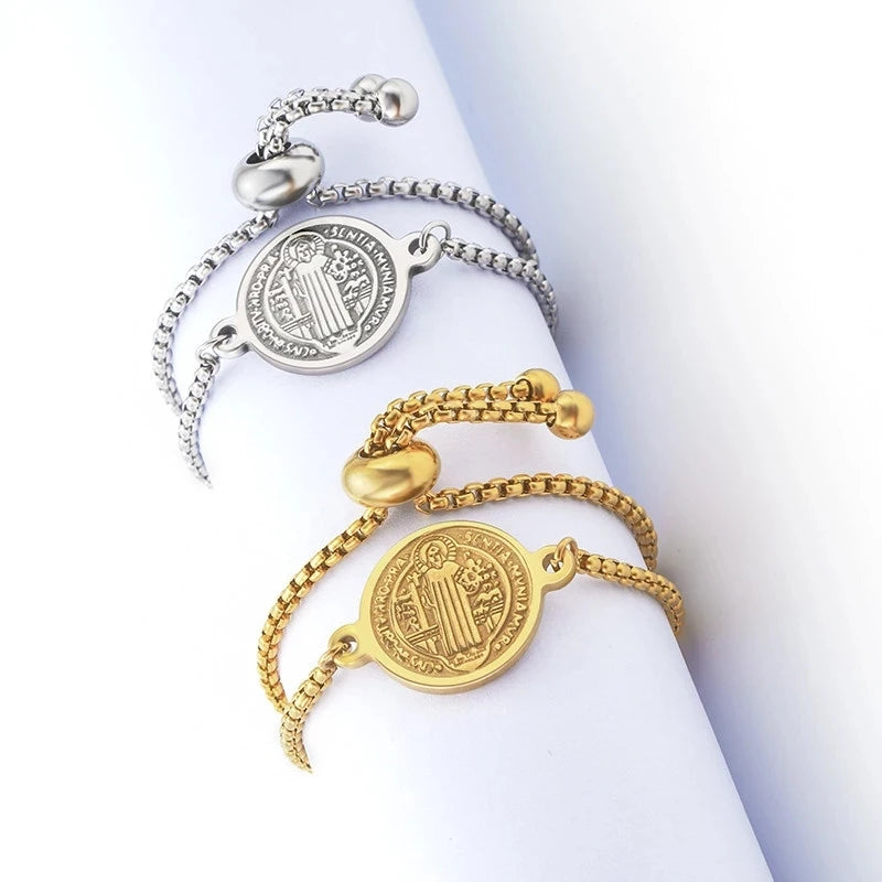 Stainless Steel St Benedict Medal Bracelet Metal San Benito Bracelet Adjustable Box Chain Bohemia Bracelet