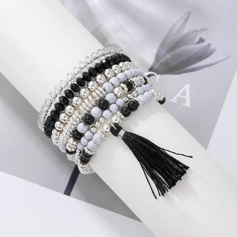 7Pcs/Set Bohemian Multi-Layer Charm Bracelets Set for Women Girls Fashion Handmade Elastic Rice Beads Tassel Emperament Jewelry