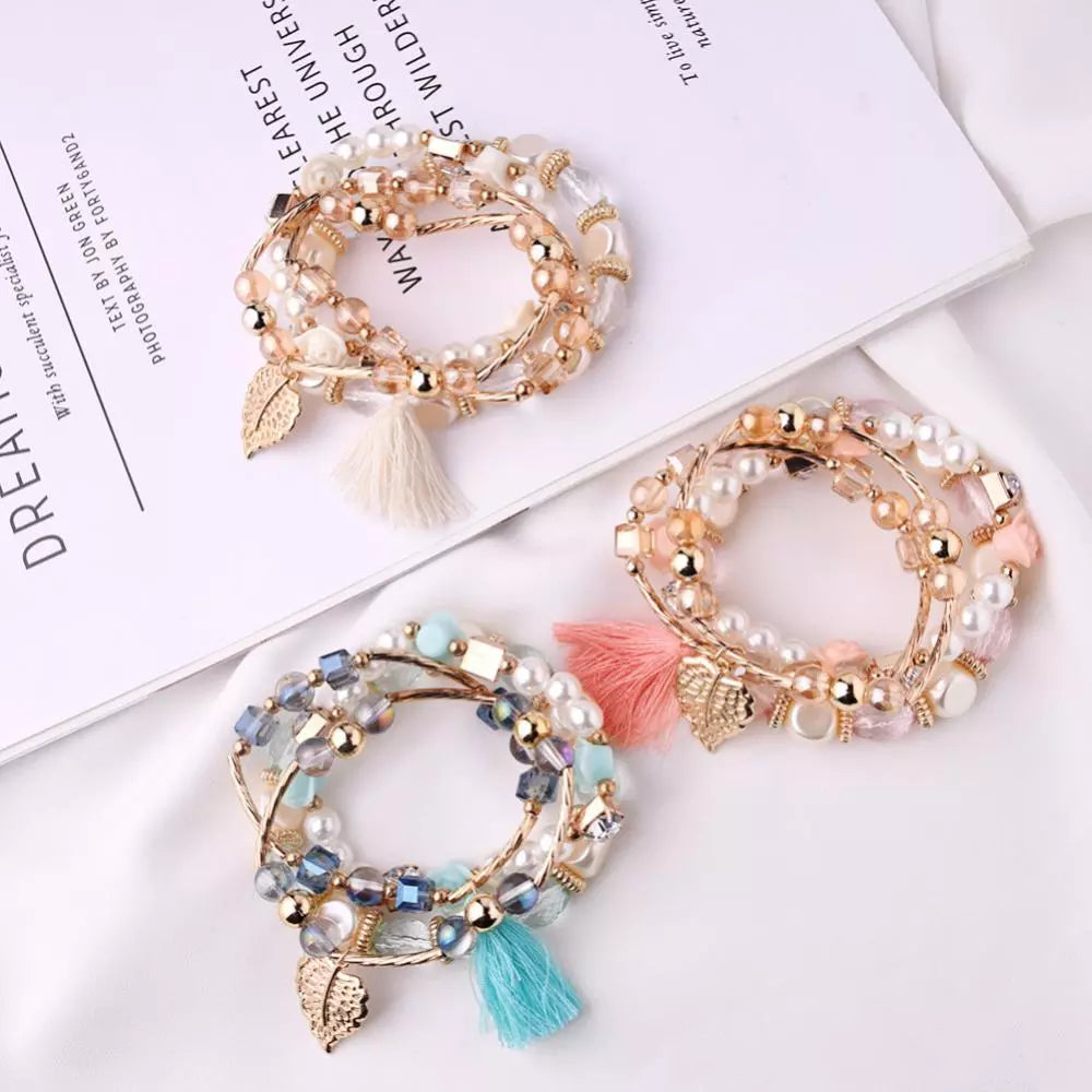 Multi-layer Crystal Bracelet Pearl Pendants Crystal Bangles Colored Alloy Bohemia Trendy Bracelet Set New In Jewelry