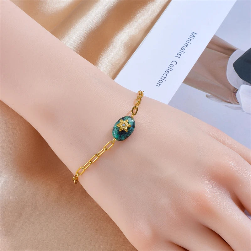 DIEYURO 316L Stainless Steel Retro Green Stone Charm Bracelet For Women Girl New Trend Bangles Non-fading Jewelry Gift Party