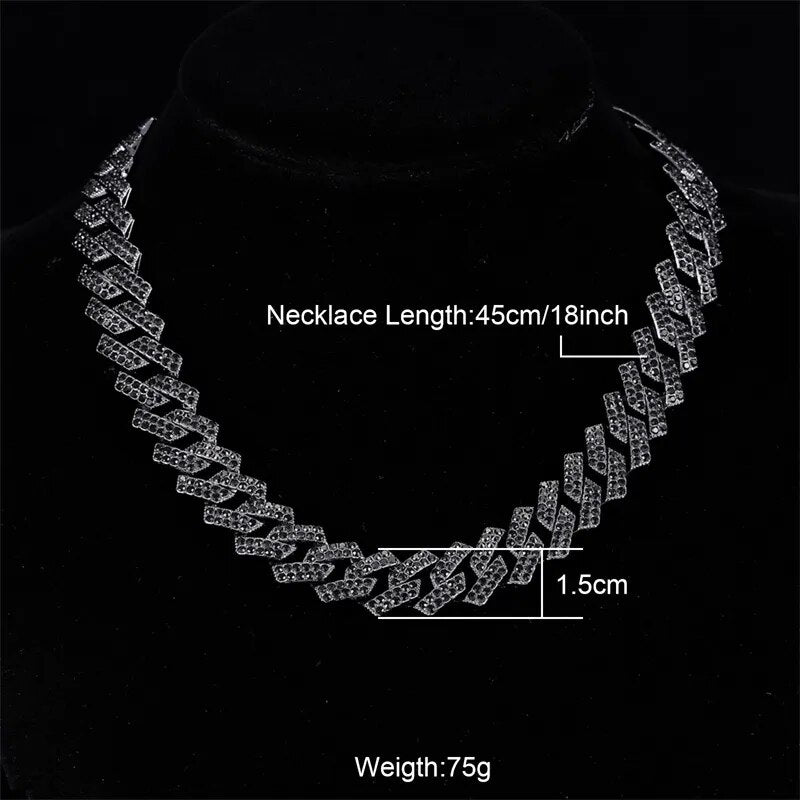 15MM Rhombus Prong Cuban Link Chain 2 Row Iced Out Black Rhinestones Bling Rapper Necklaces For Men Women Choker Jewelry