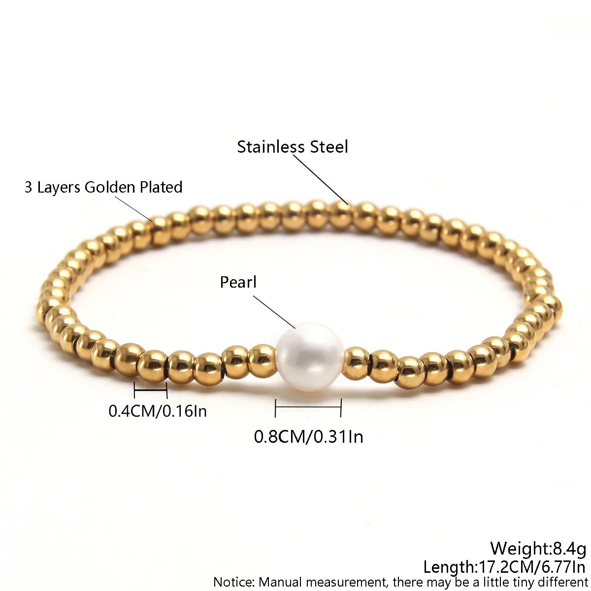 Golden Plated Stainless Steel Elastic Rope Bracelet with Pearl Bead Accent Women Bracelets