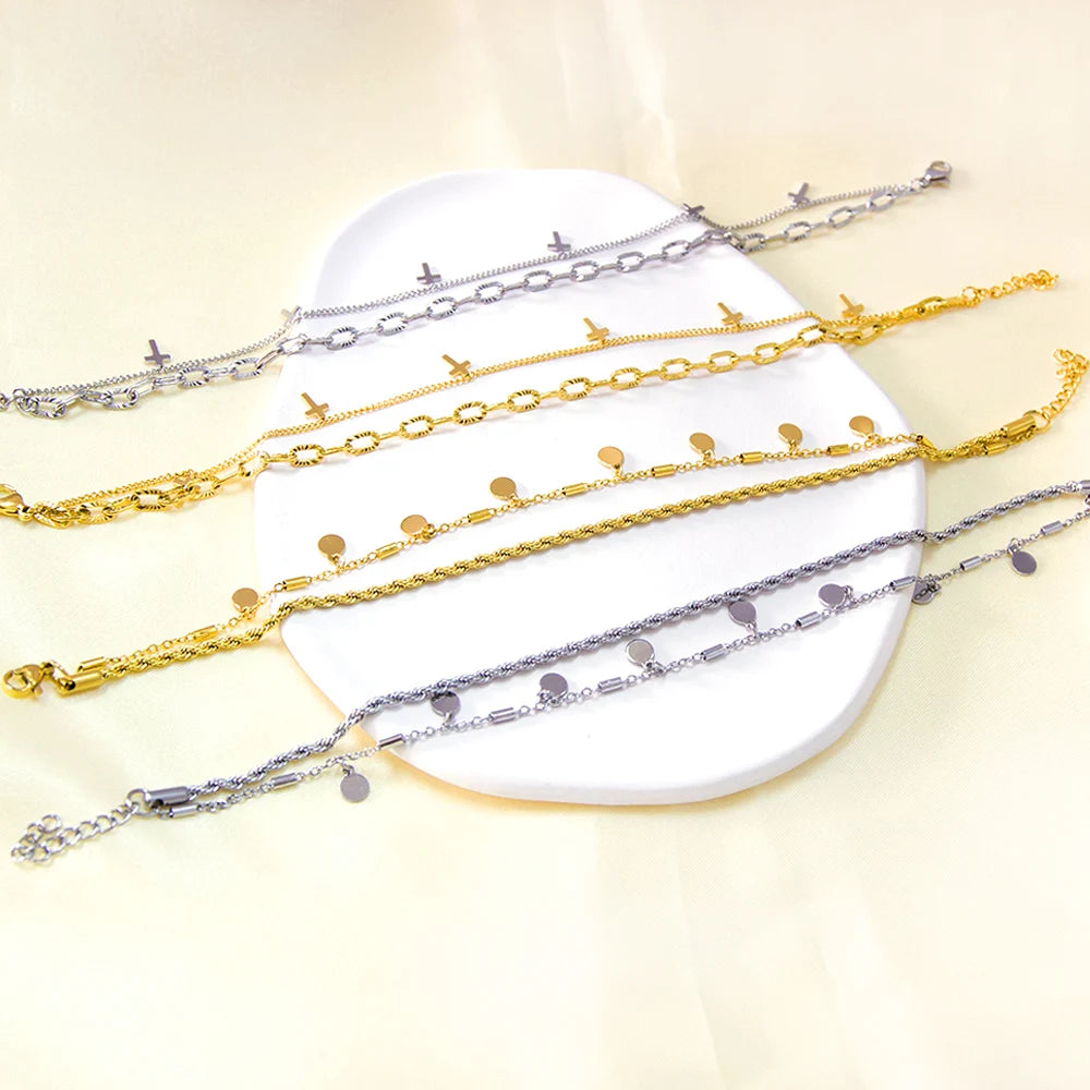 LUXUSTEEL Double Layer Coin Disc Pendant Anklets Gold Colour Stainless Steel Anti-allergic Rope Chain Leg Foot Bracelet Jewelry