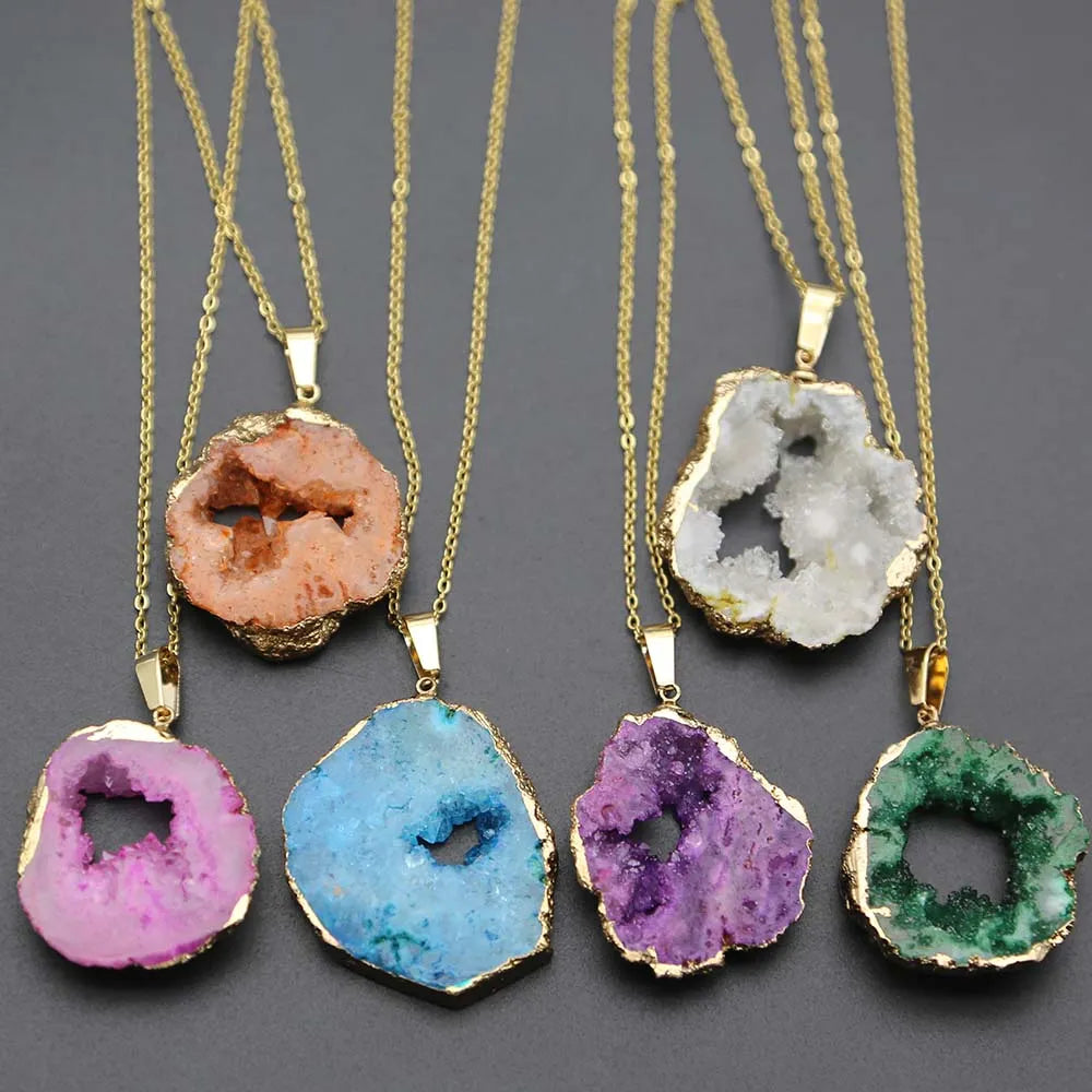 Gold Necklace with Irregular Natural Agate Stone Pendant Charm
