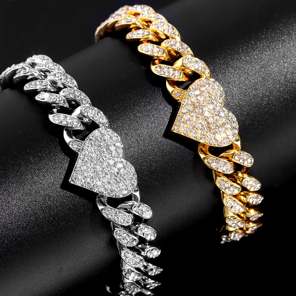 Trendy New Iced Out Heart Crystal Cuban Chain Anklets Bracelet For Women Hip Hop Paved Rhinestone Link Anklet Barefoot Jewelry