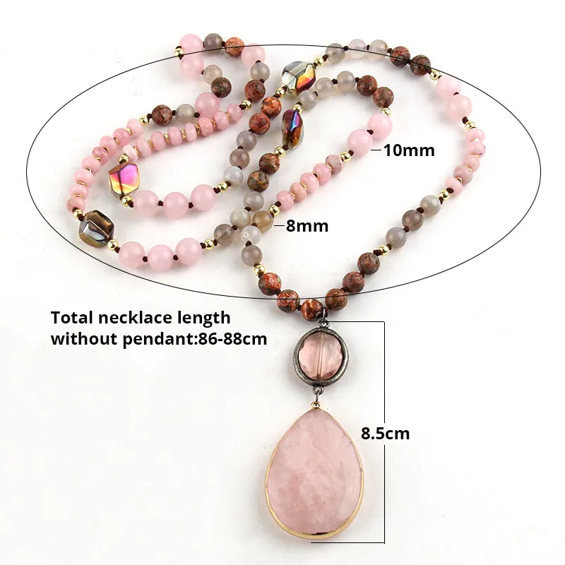 Multi Stone Beads Knotted Pink Drop Charm Pendant Bohemian Necklace