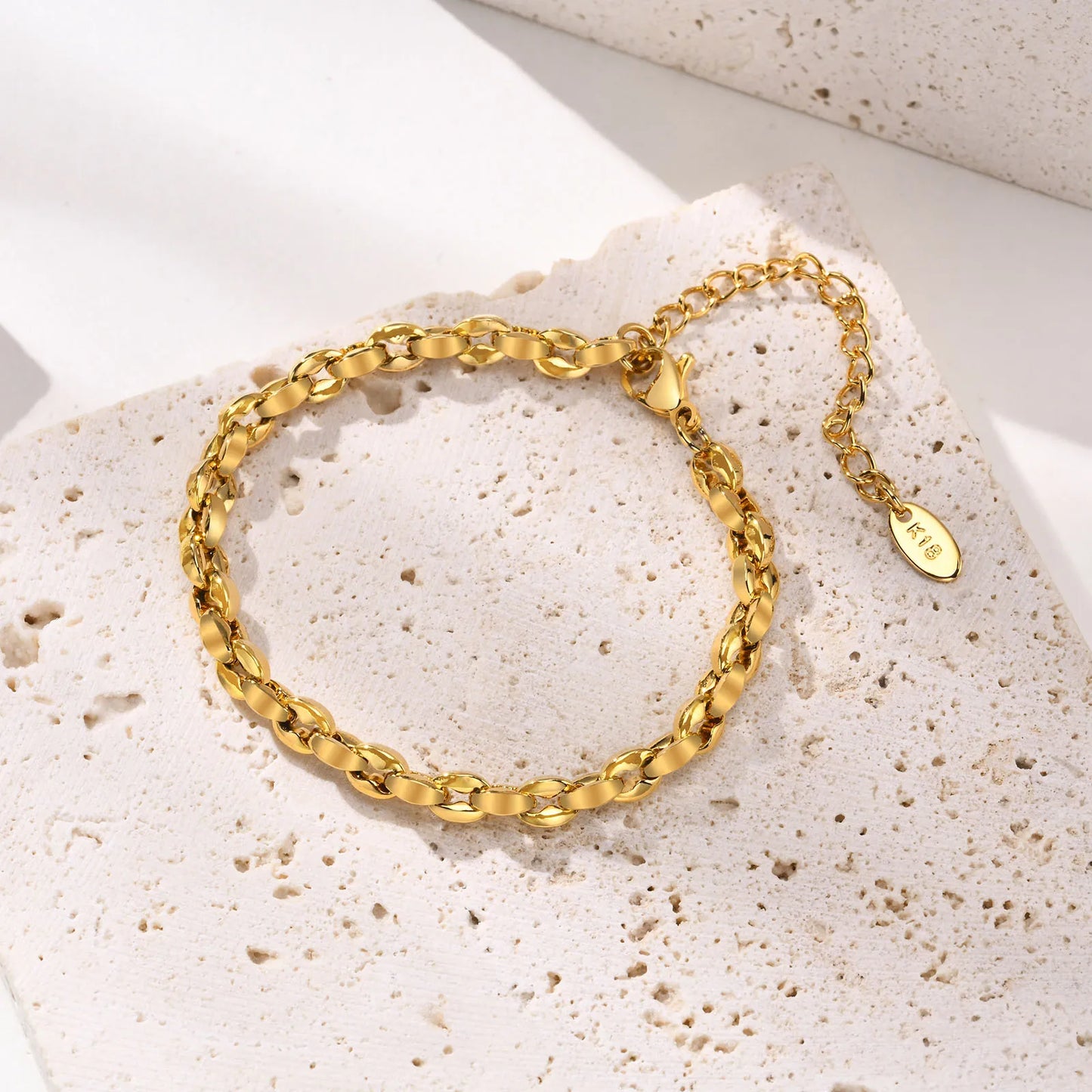 Simple Chain Bracelet for Women, 18k Gold Plated Stainless Steel Link Adjustable