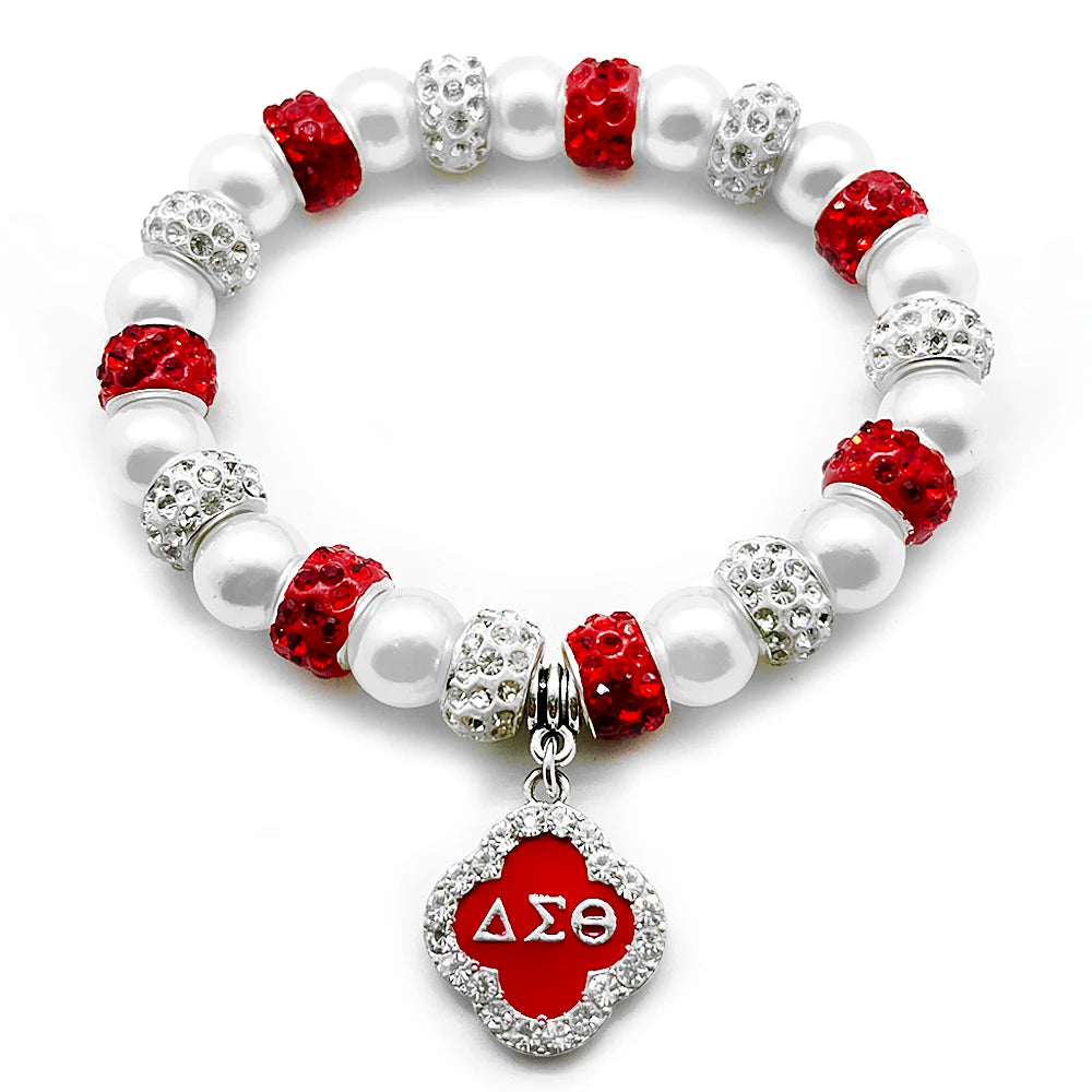 society DELTA Sorority Rhinestone Heart Metal Pendant Pearl Bracelet