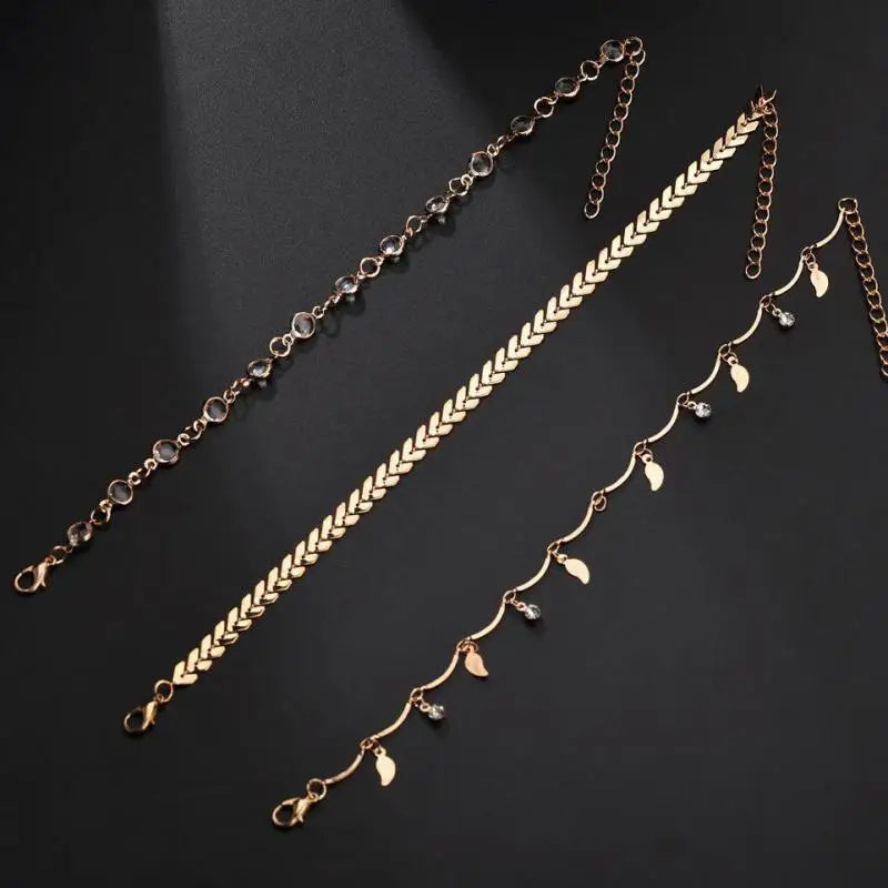 Layered Gold Color Leaves Pendant Chain Ankle Bracelet Leg Foot Jewelry Boho Charm Anklets Set Women Crystal Accessories Bijoux