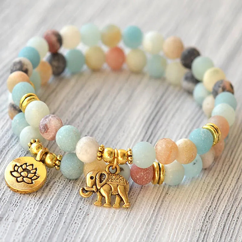 Stone Beaded Bracelet with Gold Elephant Charm