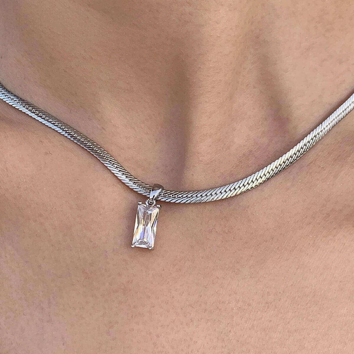 Vinagte Squares Crystal Pendant Necklace for Women Dazzling CZ Gold Color Stainless Steel Choker Snake Chain on Neck Jewelry