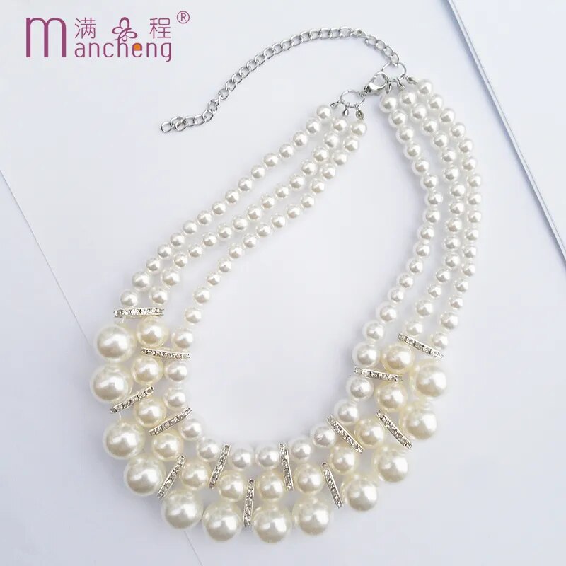 3Layer Bead Chain Pearl Choker Necklace Big Chunky Goth Chocker Jewelry Neck Pendant Collar For Women