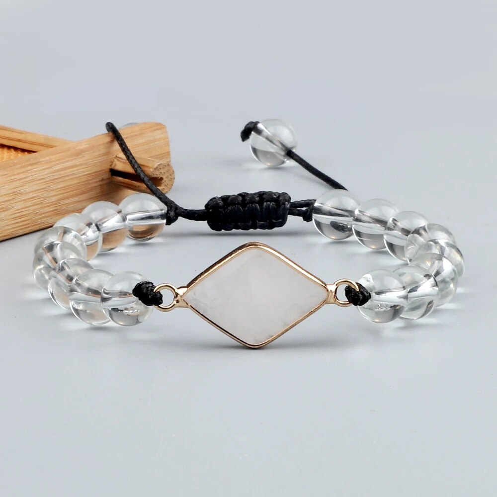 8mm Beaded Btracelet Charm White Crystal Transparent Stone Pendant Handmade Braided Yoga Bangles Adjustable Wrist String Jewelry