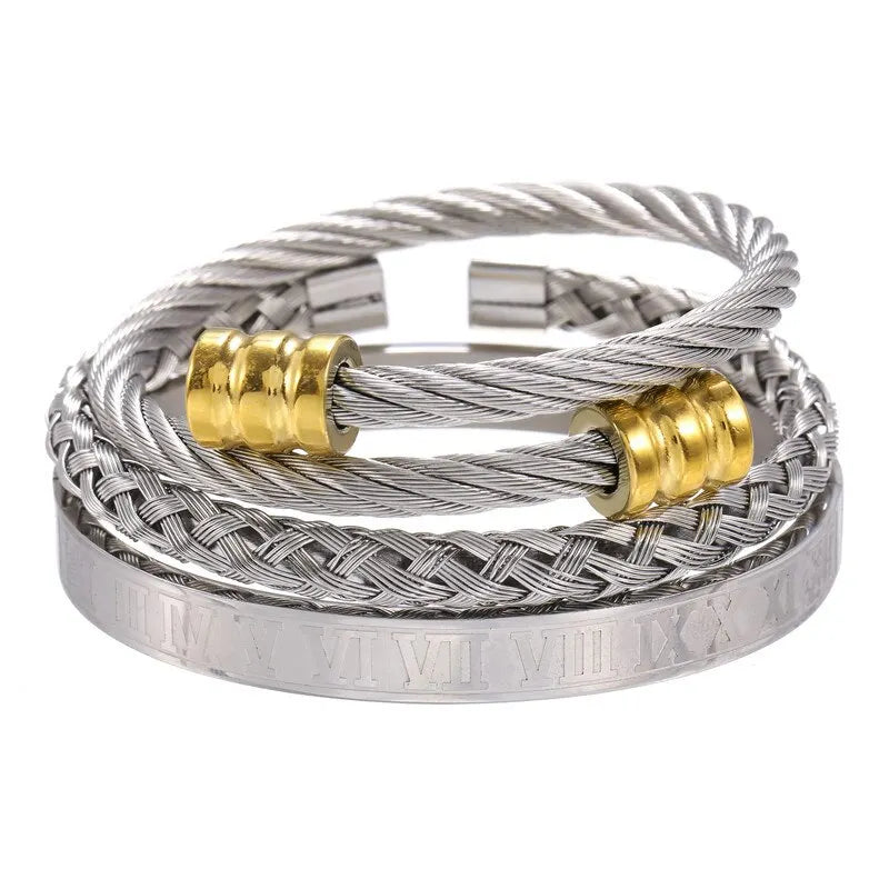 3Pcs/Set High Quality Roman Numeral Woven Cylindrical Head Bracelet Men's Personality Stainless Steel Multilayer Jewelry