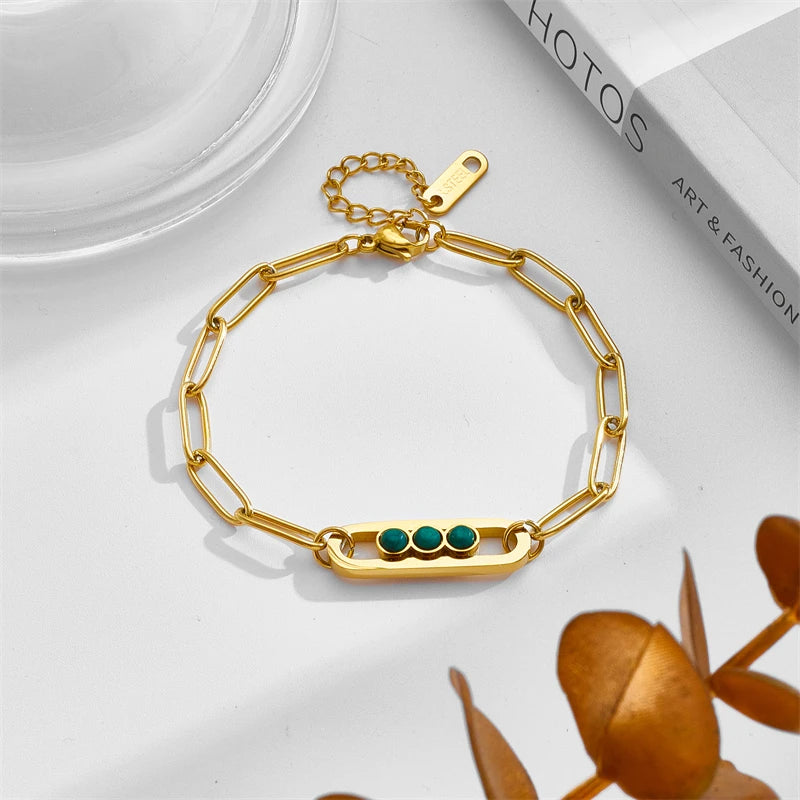 DIEYURO 316L Stainless Steel Retro Green Stone Charm Bracelet For Women Girl New Trend Bangles Non-fading Jewelry Gift Party