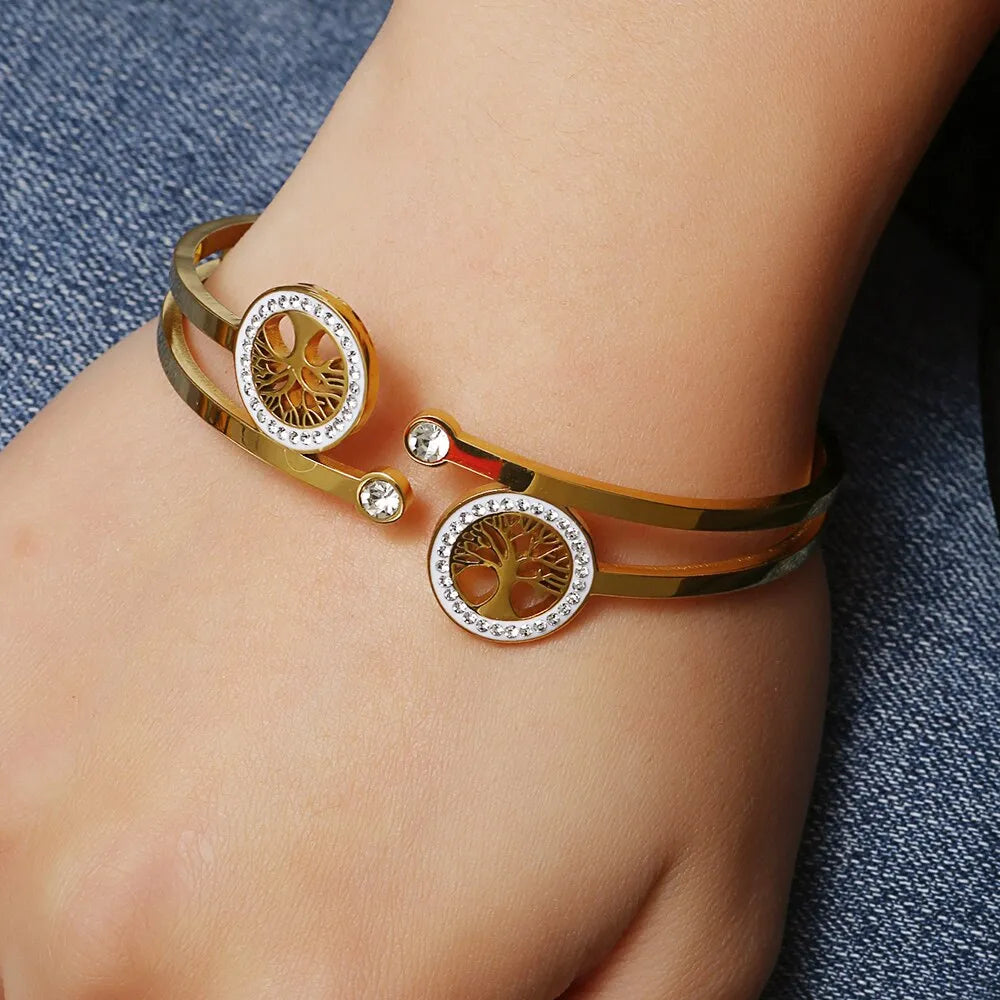 Luxury Stainless Steel Tree of Life Open Bracelet For Women Men Gold-color Cubic Zircon No Fade Color Lucky Cuff Bangle Jewelry