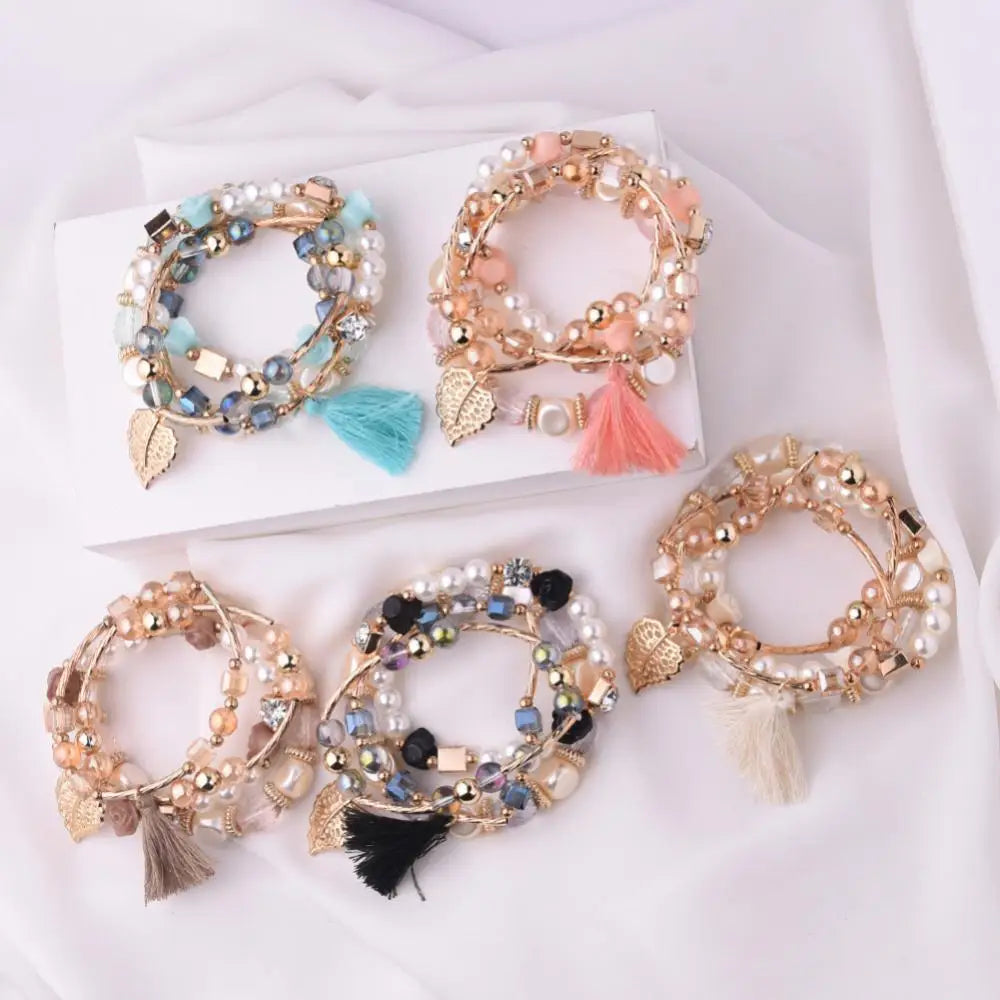 Multi-layer Crystal Bracelet Pearl Pendants Crystal Bangles Colored Alloy Bohemia Trendy Bracelet Set New In Jewelry