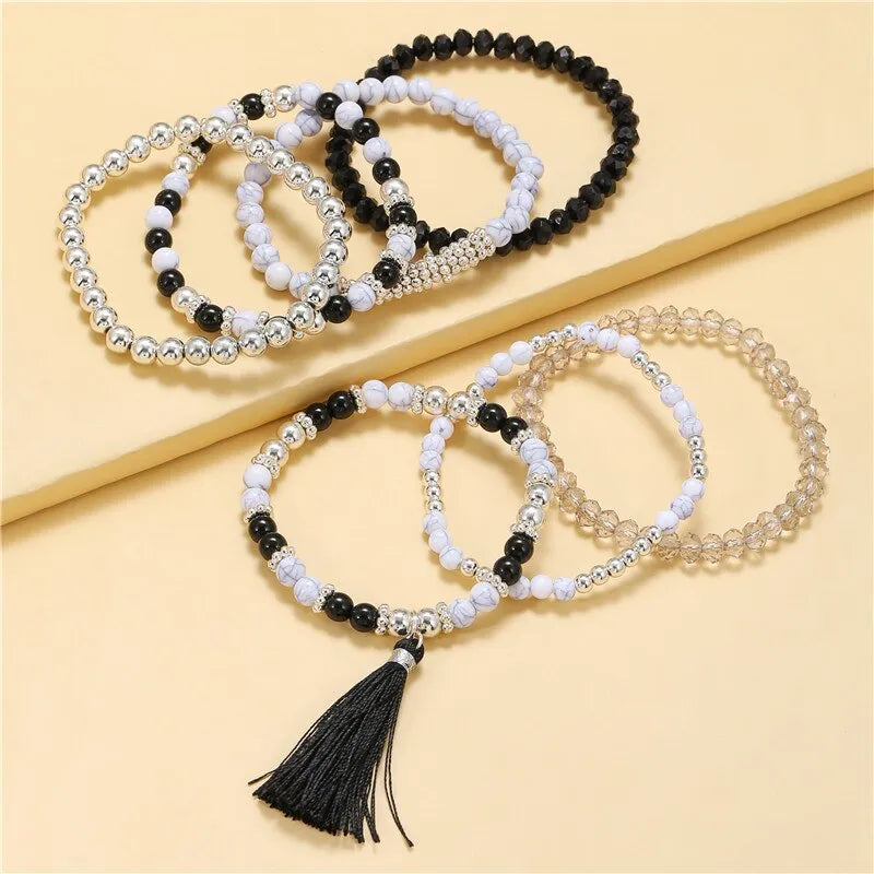 7Pcs/Set Bohemian Multi-Layer Charm Bracelets Set for Women Girls Fashion Handmade Elastic Rice Beads Tassel Emperament Jewelry