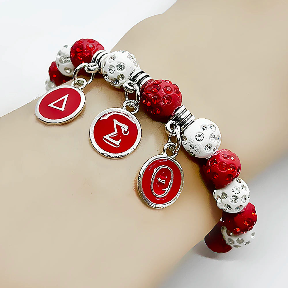 Red sorority society DELTA DST letter charm Rhinestone bead elastic bracelet bangle