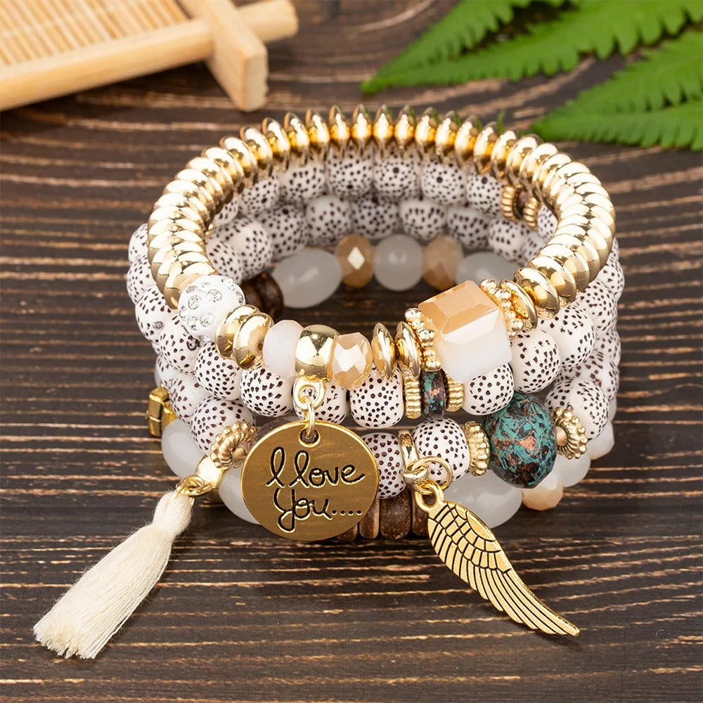 DIEZI Multicolor Acrylic Crystal Beads Strand Bracelets For Women Girls New Tassel Wing Elastic Rope Bracelet Pulseira Feminina