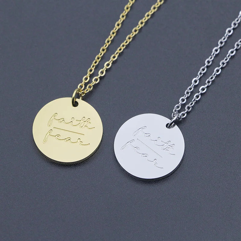 Simple Disc Pendant Necklace Stainless Steel Gold Plated Faith Over Fear Necklace Mind Over Matter Inspirational Jewelry Gift