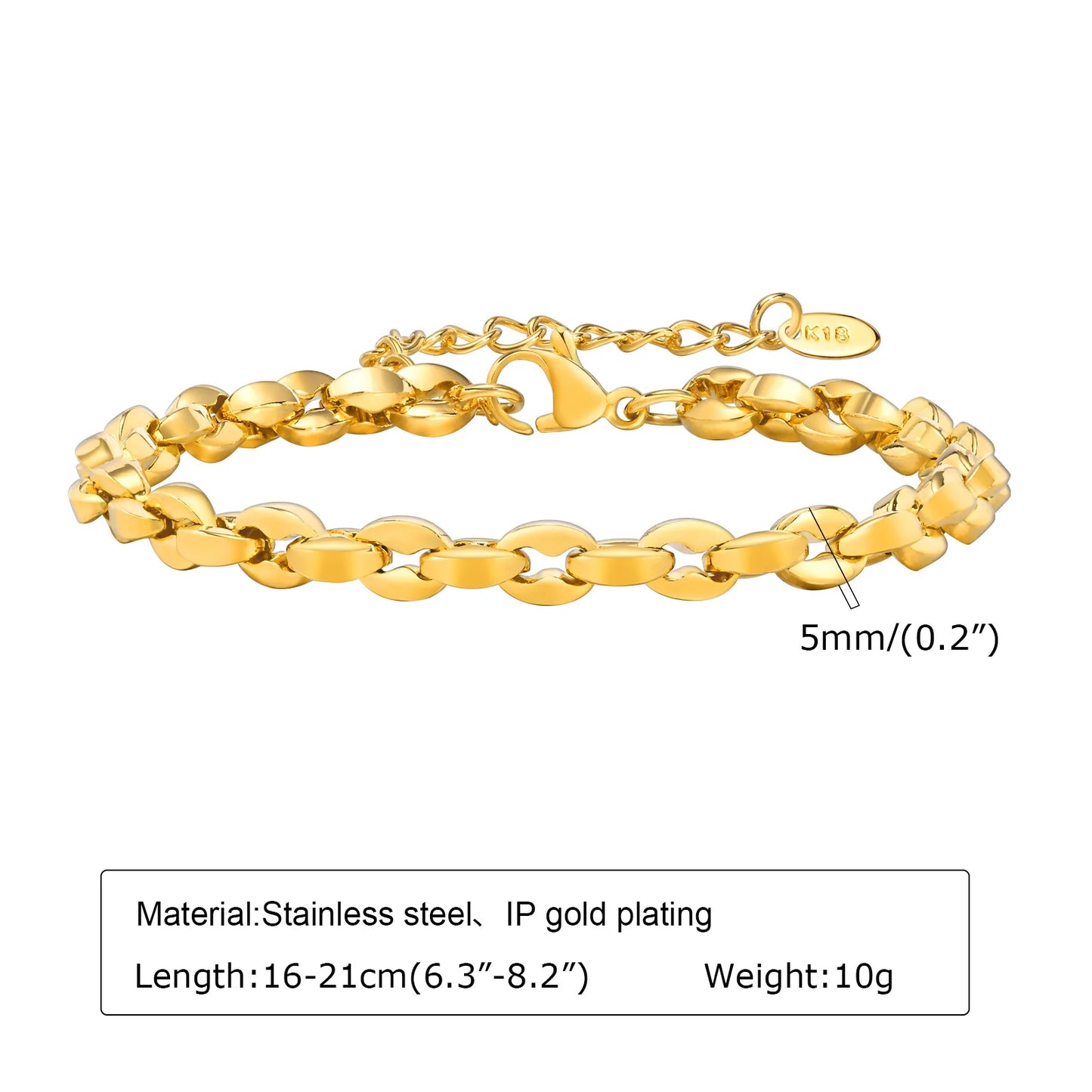 Simple Chain Bracelet for Women, 18k Gold Plated Stainless Steel Link Adjustable