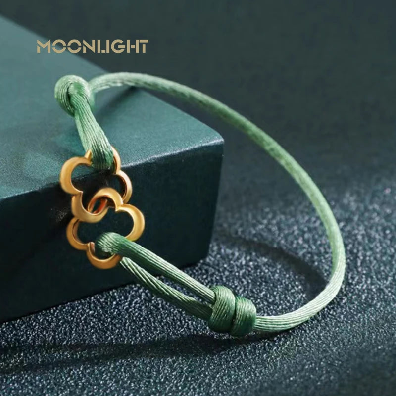 MOONLIGHT Adjustable Double Four Leaf Clover Charm Bracelet For Women Classic Silk Rope Bracelet Fashion Jewelry Party Gifts