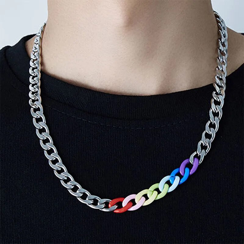 Stainless Steel Cuban Chain for Men Women Colorful Rainbow LGBT Gay Pride Neck Chains Hiphop Choker Necklace Collar Jewelry New