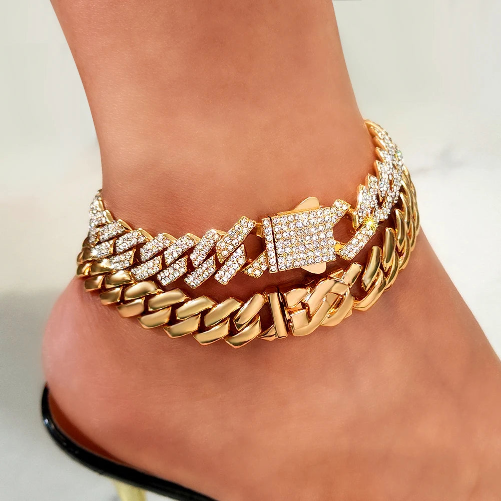 Hip Hop Iced Out 14 Width Cuban Link Chain Anklet for Women Bling Minimalism Luxury Chunky Rhombus Cuban Ankle Bracelet Jewelry