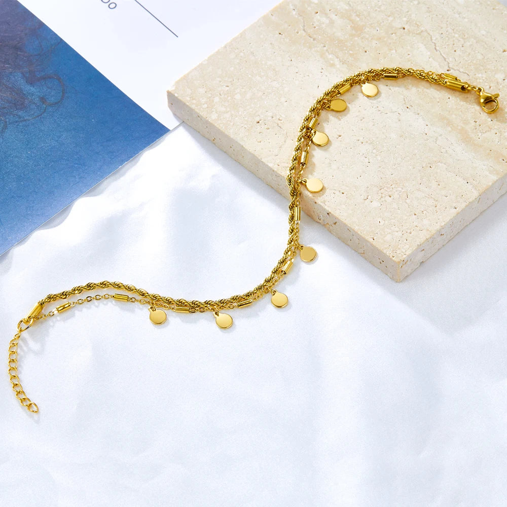 LUXUSTEEL Double Layer Coin Disc Pendant Anklets Gold Colour Stainless Steel Anti-allergic Rope Chain Leg Foot Bracelet Jewelry