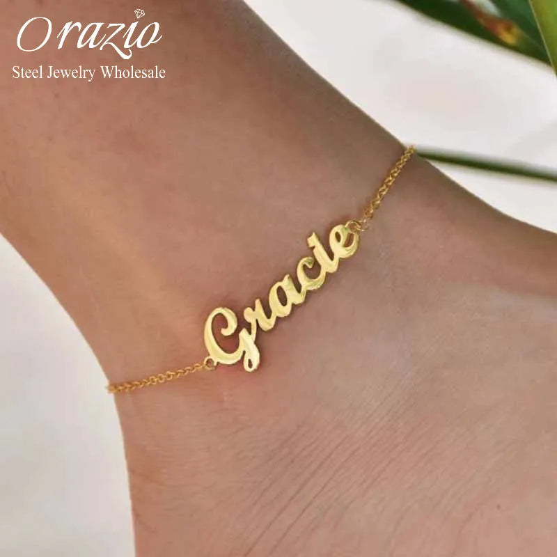 Orazio Customized Name Anklet for Women 14K Gold Personalized Letter 316L Stainless Steel Jewelry Gift Support Dropshipping