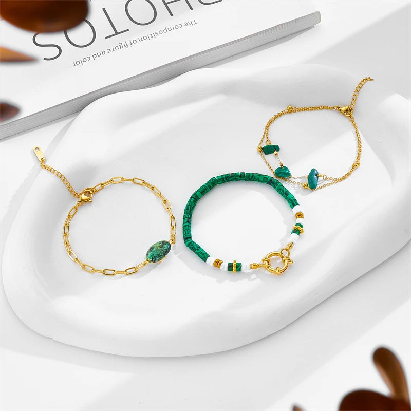 DIEYURO 316L Stainless Steel Retro Green Stone Charm Bracelet For Women Girl New Trend Bangles Non-fading Jewelry Gift Party