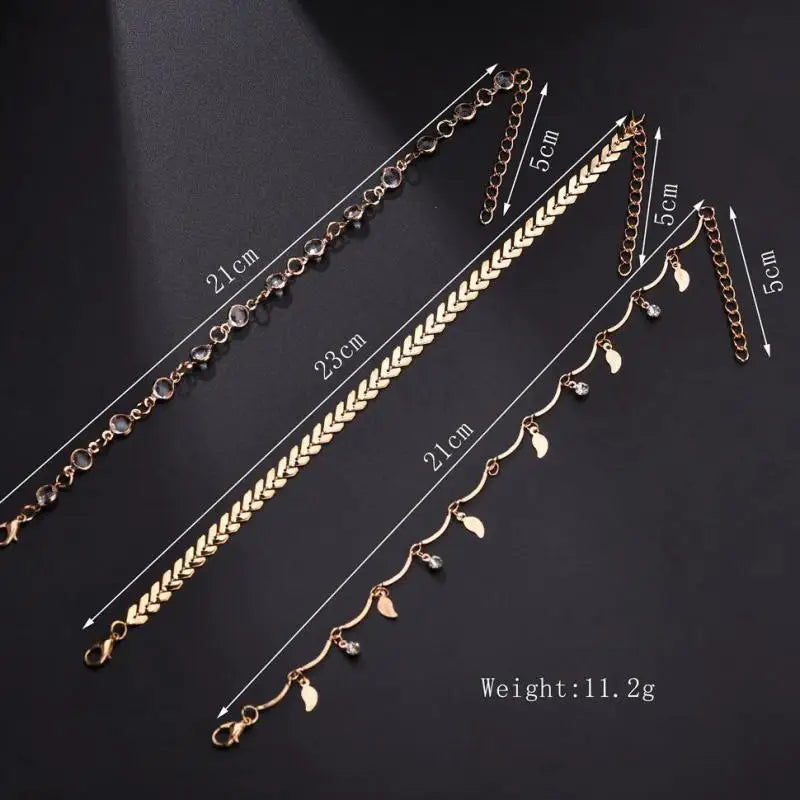 Layered Gold Color Leaves Pendant Chain Ankle Bracelet Leg Foot Jewelry Boho Charm Anklets Set Women Crystal Accessories Bijoux