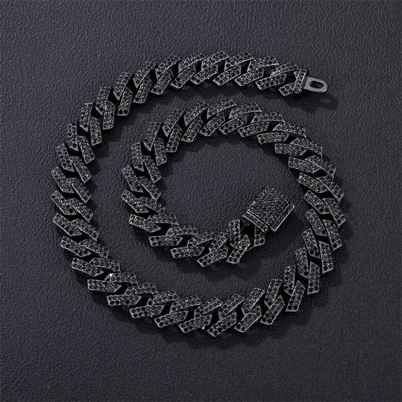 15MM Rhombus Prong Cuban Link Chain 2 Row Iced Out Black Rhinestones Bling Rapper Necklaces For Men Women Choker Jewelry