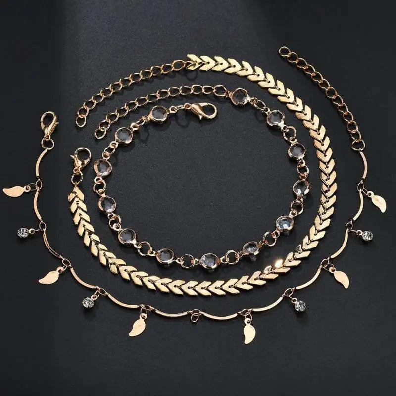 Layered Gold Color Leaves Pendant Chain Ankle Bracelet Leg Foot Jewelry Boho Charm Anklets Set Women Crystal Accessories Bijoux