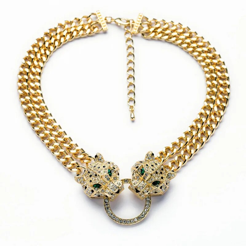 Hip Hop Full Crystal Double Leopard Head Pendant Choker Necklace With Double Cuban Chain For Men Women Fashion Panther Jewelry